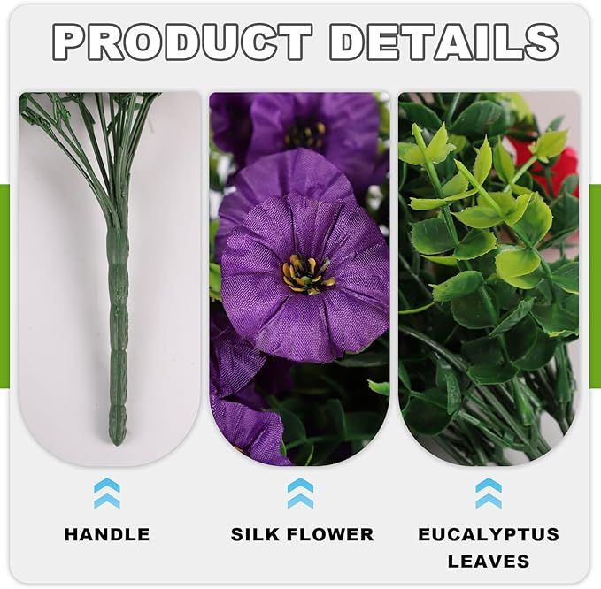 Fake Artificial Hanging Flowers for Outdoor, 2 PCS Silk Morning Glory Faux Flowers with Eucalyptus Leaves,Realistic Hanging Plants for Wedding Home Office Garden Decor