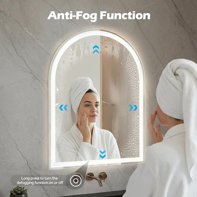 DUMOS 24"x36" LED Bathroom Mirror with Lights, Arched Vanity Mirror with Anti-Fog, Dimmable, 3-Color Light, Memory Function, Front Light and Backlit, Tempered Glass