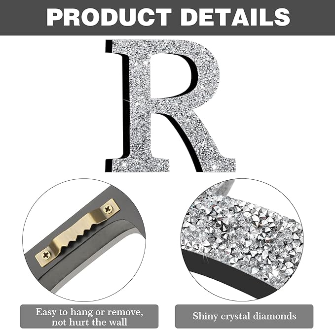 Qunclay 8'' Silver Crystal Diamond Bling Letters Crushed Diamond Decoration Wooden Glitter Letter with Screw and Hooks Rhinestone Gift for Wedding Y2k Mcbling Bedroom Wall Decor (Letter R)