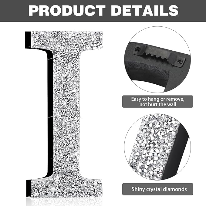Qunclay 8'' Silver Crystal Diamond Bling Letters Crushed Diamond Decoration Wooden Glitter Letter with Screw and Hooks Rhinestone Gift for Wedding Y2k Mcbling Bedroom Wall Decor (Letter I)