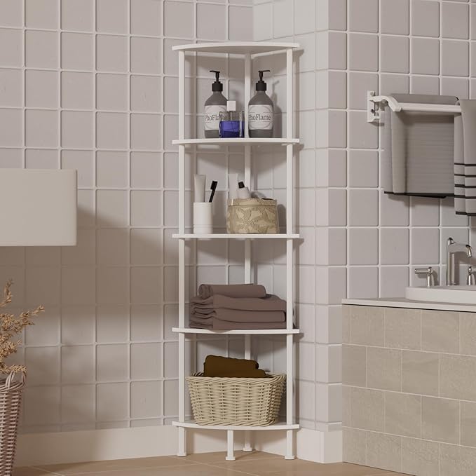 5-Tier Corner Shelf Stand, 52" Industrial Corner Display Rack for Living Room, Bookshelf, Tall Display Shelf, Plant Stand, Storage Standing Shelf for Bedroom, Bathroom, Kitchen, White