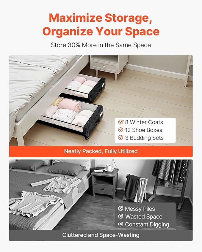 VEVOR Under Bed Storage with Wheels, 30.3 x 18.5 x 6.8 inch, Underbed Containers with Clear Lid, Underbed Shoe Organizer, Rolling Under the Bed Storage Bins for Clothes Shoes Blankets Bedroom, 2 Pack