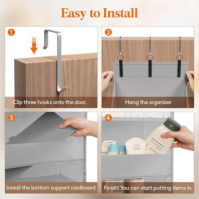 Lifewit 1 Pack Over the Door Organizer, Clear Window Hanging Storage with 4 Side Pockets, Anti Tilt 40 lbs Load Behind Door for Pantry, Nursery, Bathroom, Bedroom, Dorm, 5 Section, Light Gray