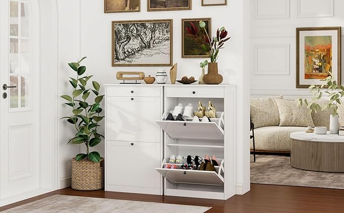 Shoe Cabinet with 2 Flip Drawers Set of 2, Small Wood Modern Shoe Organizer with Adjustable Shelf, Narrow Freestanding Hidden Shoe Cabinet Storage for Entryway, Hallway, Living Room, White