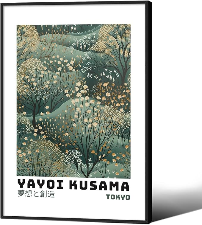 Yayoi Kusama Inspired Poster Japanese Botanical Wall Art Abstract Yayoi Kusama Print Modern Ukiyo-e Japanese Gallery Wall Decor 20x30in Black Framed for Home Bedroom Decorations