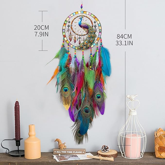 Dream Catcher Wall Hanging Decor for Bedroom Aesthetic, Handmade Traditional Wall Art with Feathers for Living Room, Nursery, Good Vibes Gift for Women,Girls,Home Decoration Wedding Party (Peacock)