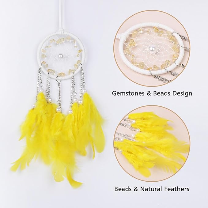 Pretty Jolly Crystal Stone Small Dream Catchers Yellow Feathers Mini Dreamcatchers with Beads for Cars Rear View Mirror Hanging Decoration Good Luck Travel Charm Bedroom Ornaments for Women Girls