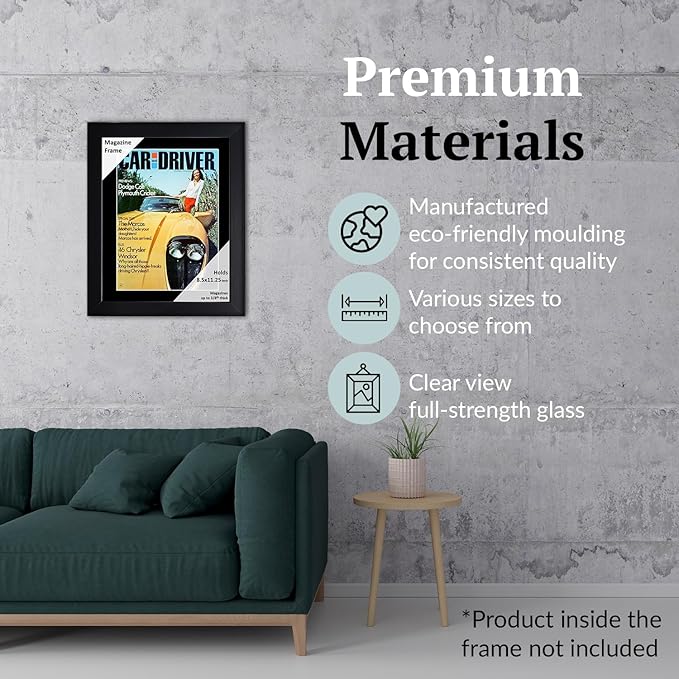 Creative Picture Frames 8.5 x 11.25 Magazine Frame with Full-Strength Glass, Holds Up To A 1/4" Thick Media with Installed Hangers for Easy Mounting, 11x14 Black Frame with Black Mat