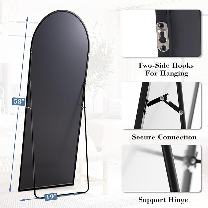 DUMOS 58"x19" Arched Full Length Mirror with Stand, Floor Standing Aluminum Frame, Shatter-Proof Nano Glass for Bedroom, Living Room, Cloakroom – Modern Simple Home Decor,Hanging or Leaning,Black