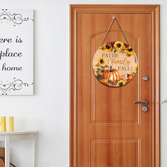 Faith Family Fall Front Door Sign Fall Sunflower Pumpkin Door Decorations Wood Sign Autumn Harvest Wreath Door Hanger Farmhouse Fall Plaques Wall Hanging Decoration for Home Proch Yard 12"x12"
