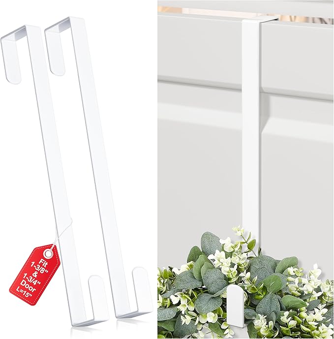 15" Reversible Wreath Hangers for Front Door, Fit Most Doors up to 1-3/4", Heavy Duty Steel Over The Door Hooks Hold up to 80 LBS for Spring & Easter Wreaths, Seasonal Door Decor (White 2 Pack)