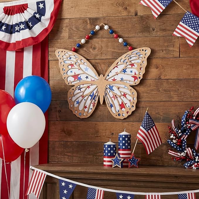 Valery Madelyn 4th of July Wreath, Patriotic Wreath for Front Door, Red White and Blue Butterfly Decor, Wooden Americana Sign for 4th of July Independence Day USA 250th Anniversary, 12 Inch