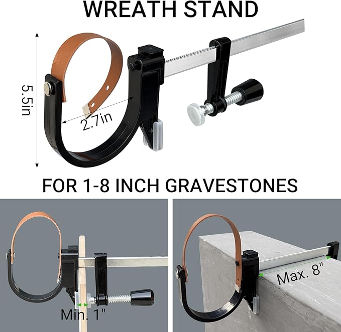 2-Pack Headstone Wreath Hanger,Cemetery Wreath Holder for 3-8 inch Tombstones,Sturdy Steel with Locking Buckle,Easily Holds 20 lbs,Grave Marker Decor for Mother's Day,Memorial Day,Never Blown Away
