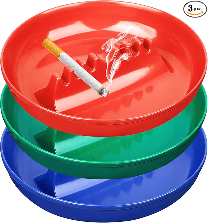 3Pcs Assorted Colors Ashtray Sets, Ash Tray for Cigarettes and Cigar, Round Large Size Plastic Ashtrays, for Indoor Outdoor Home Office Patio Restaurant Bar Hotel Use (1 Green 1 Red 1 Blue)