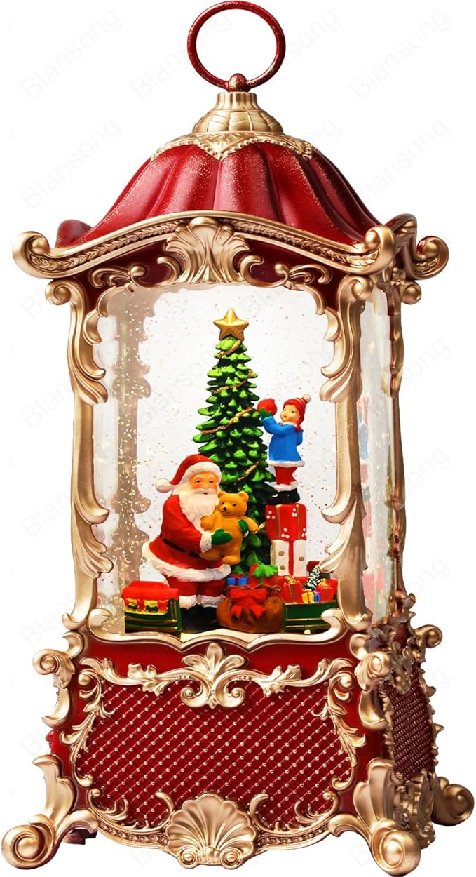 Snow Globes Lantern Home Decor Accent for Child Santa Claus Tree Auto Snowfall Glitter Music Collection with 6H Timer USB/Battery Powered 12.5 inch