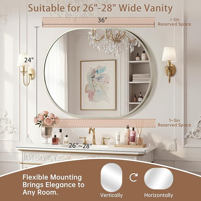 Brushed Nickel Mirror, 24"x36" Oval Bathroom Mirror, Oval Mirror with Brushed Metal Frame, Wall Mount Mirrors Decor for Bathroom, Bedroom, Entryway (Hangs Horizontally or Vertically)