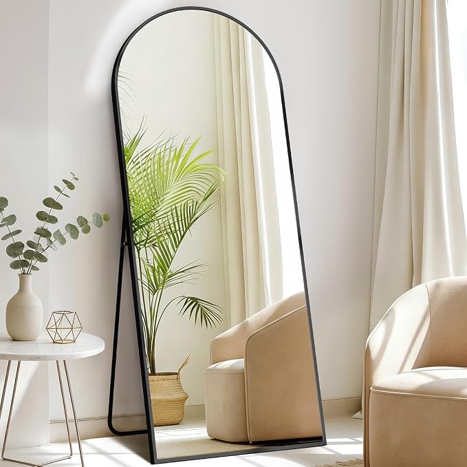 DUMOS 65"x24" Arched Full Length Mirror with Stand, Floor Standing Aluminum Frame, Shatter-Proof Nano Glass for Bedroom, Living Room, Cloakroom – Modern Simple Home Decor,Hanging or Leaning,Black