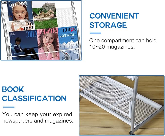 LIWSHWZ Magazine Rack Floor Standing,Brochure Display Stand, 4 Pockets Metal Literature Stand,Newspaper Rack with Wheels for Trade Show Exhibitions Office Retail Store