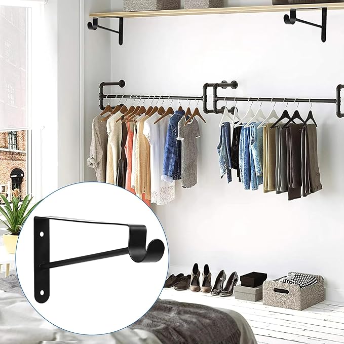 Shelf and Rod Brackets, 4 Pcs Closet Shelf & Rod Brackets Wall Mounted, Heavy Duty Closet Shelf Closet Bracket with Rods Holder, Closet Shelves Supports with Screws, Black