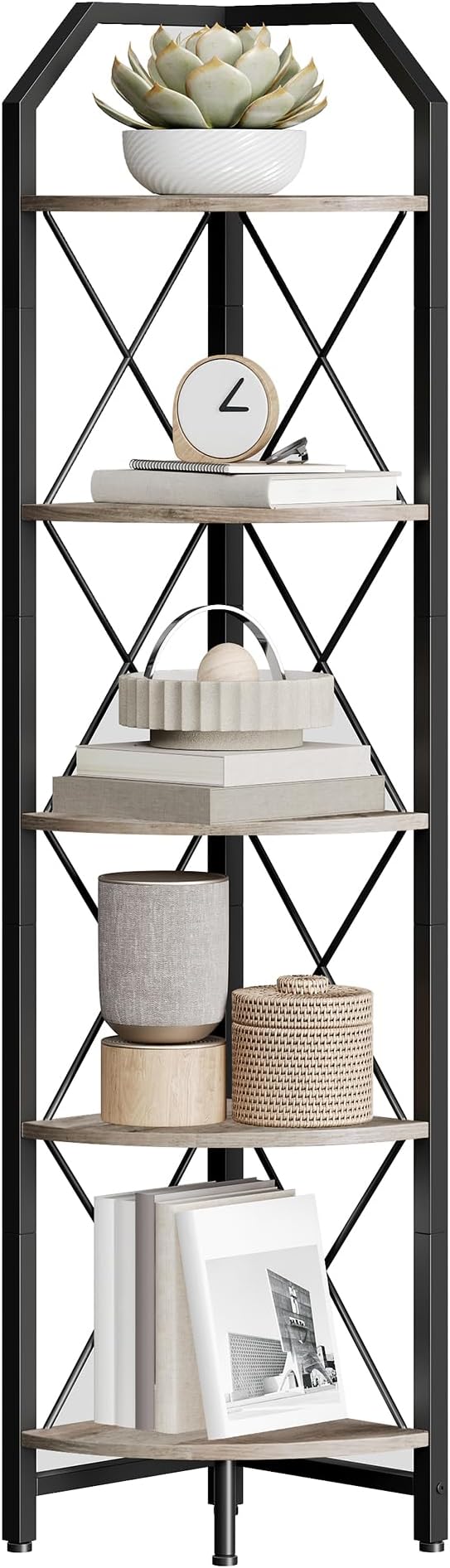 CHOEZON 5-Tier Corner Shelf, Industrial Corner Bookshelf, 59.4" Corner Storage Stand, Plant Stand Display Shelf, Corner Bookcase for Bedroom, Living Room, Home Office, Greige and Black TCJ10BG