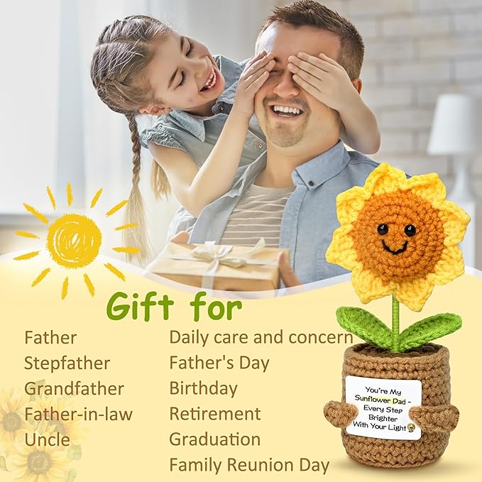 Funny Fathers Day Dad Gifts from Daughter Son - Handmade Positive Crochet Sunflower Gift for Dad Cool Daddy Presents, Small Cute Stuff Things, Positive Emotional Support Gifts Idea for Father