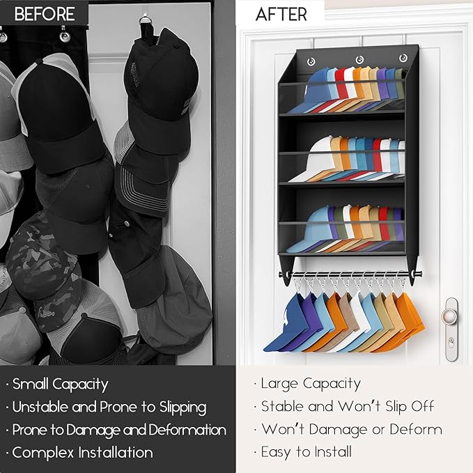 Over the Door Hat Rack - 3-Layer Design Hat Organizer Holds 30-36 Hats with 10 Hooks, Ideal Hat Rack for Door, Over the Door Organizer for Closet, Apartment, Bedroom, Dorm, 2 Pack, Black