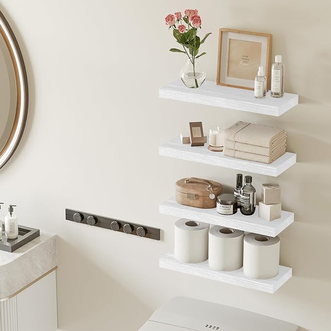 Fixwal White Shelves for Wall, 15.7in Rustic Wood Finish Floating Wall Shelves Set of 4, Shelves for Wall Decor, with Invisible Brackets for Bathroom, Living Room,Bedroom and Kitchen