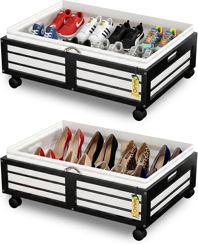 Under Bed Storage Containers with Wheels, Larger Bamboo Wood Under Furniture Storage Containers with Dust Bags，Rolling for Shoes Clothes