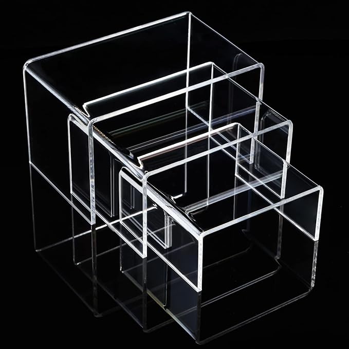 Chuangdi 2 Sets Acrylic Display Risers, Product Stand, Jewelry Display Riser Shelf Showcase Fixtures for Dessert Cupcake Candy Figure Treat Action Showcase(Clear,Small Set)