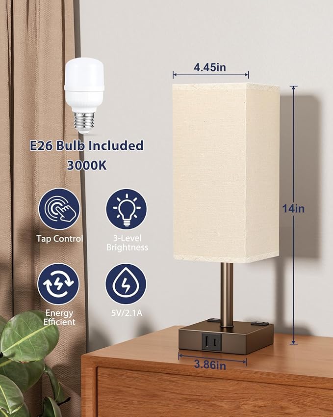 aooshine Brown Touch Table Lamp - Bedside Lamp with USB A + Type C Charging Ports and Two AC Outlets, Small Night Stand with E26 LED Bulb, Desk Light for Bedroom Living Room Office Dorm
