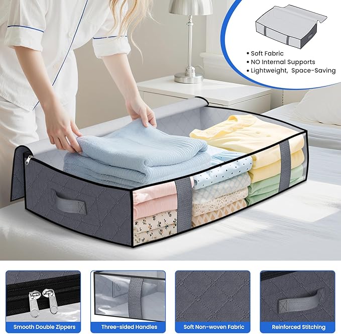 Under Bed Storage Containers, 4 Pack Blanket Storage Bags, Collapsible Storage Bags with Big Zippers, Clear Front, Shoe Storage and Organization for Clothes, Comforter, 60L, Grey