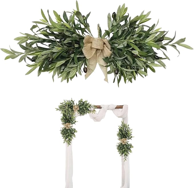 Greenery Garland Swag, 60cm Artificial Olive Branches Swags with Bow, Rustic Eucalyptus Garland Wreaths for Wedding Arch Party Wall Home Decorations