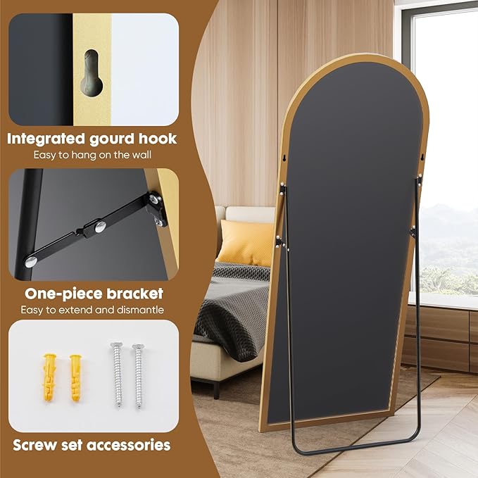 DUMOS 70.4"x25.6" Arched Full Length Mirror with Stand, Floor Body Mirror Shatter-proorf Nano Glass with Aluminum Frame, Free Standing or Hanging Leaning Modern Simple Home Decor, Gold