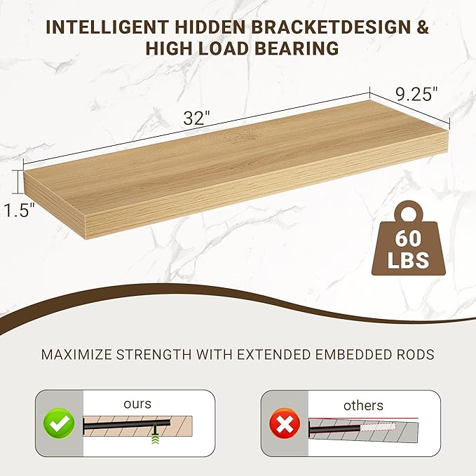 Acovy 32 Inch Floating Shelves, 3D Textured Wood Grain, 32"x9.25"x1.5" Inch Deep Floating Shelves for Wall, Wooden Shelves for Bathroom, Bedroom, Living Room, Natural, 2 Pieces