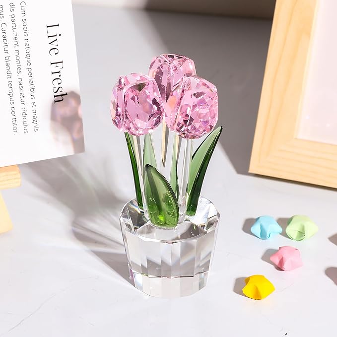 Movdyka Tulips Glass Flowers Figurines Crystal Decor Collectible Crystal Pink Flowers Bouquet Ornaments Mothers Day Tulip Gifts for Mom Women on Anniversary Wedding Christmas Valentines