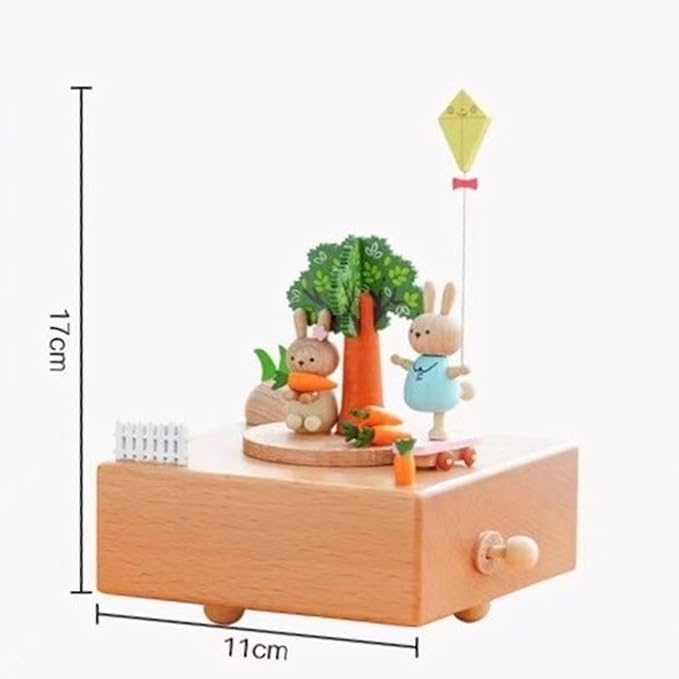 Natural Solid Wood Handcrafted Beech Wooden, Musical FigureTotoro/Carousel/Fairy/Ballerina Figurine,Rotating Hand Crank Mechanism Music Box,Musical Decorations (Snowboard and Rabbit)