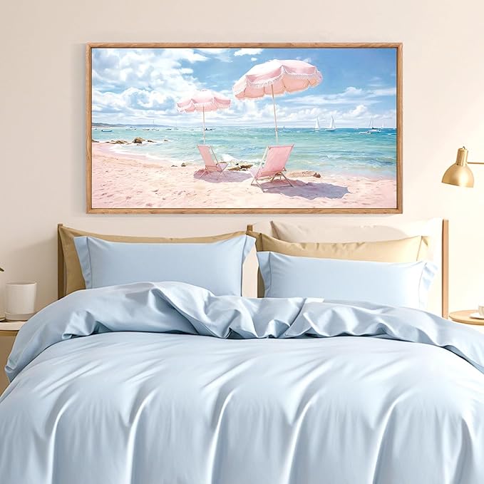 KAlRNE Summer Pink Beach Framed Canvas Wall Art Set of 1(20”X40”),Seascape Coastal Surfing Wall Decor,Modern Nature Ocean Art Prints For Living Room Bedroom Office