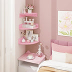 Homode Corner Shelf Wall Mount, Set of 3 Corner Floating Shelves with Cable Hole, 3 Tier Wood Corner Hanging Shelves, Living Room Bedroom Bathroom, Pink