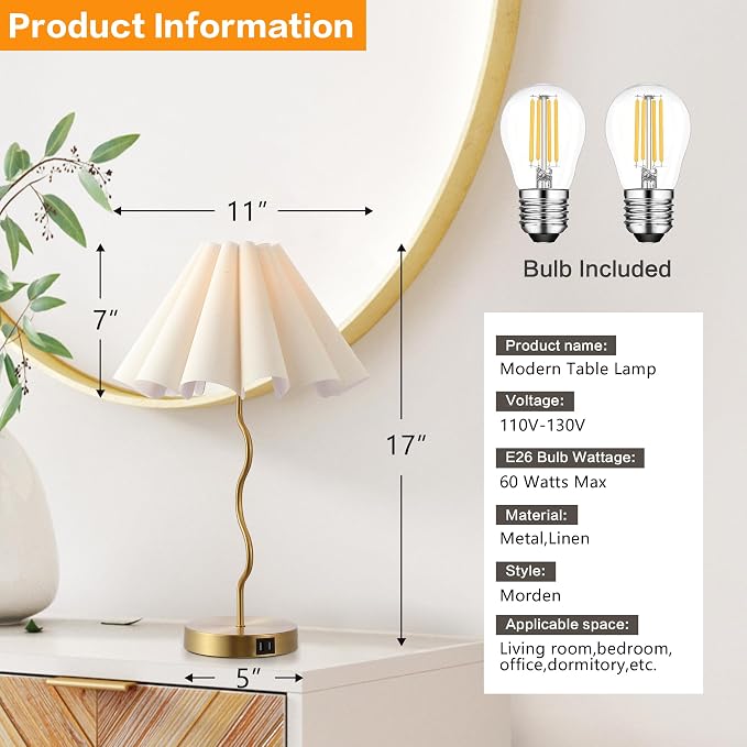 EOEYYOYB Pleated Table Lamp, Table Lamp for Bedroom, Bedside Lamps for Nightstand with Linen Lampshade, Modern Lamp for Bedroom Home Office Decor