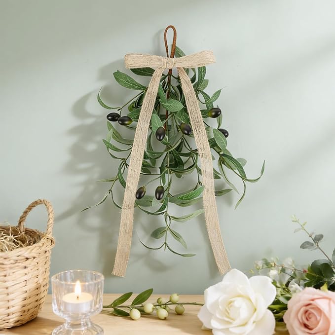 6 PCS Spring Summer Teardrop Swag Chandelier Rings Wreaths Decoration with Bow Artificial Green Olive Sconce Lighting Swag Wreath Greenery Candlestick Wreath for Farmhouse Wall Cabinet Holidays Decor