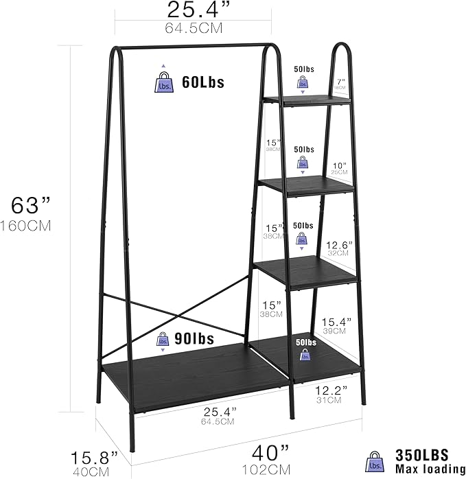 Finnhomy Rustic Clothes Rack, Clothing Rack for Hanging Clothes Heavy Duty Garment Rack with 5 Wood Shelves Freestanding Portable Closet Organizer for Bedroom/Entryway/Boutiques，Matte Black