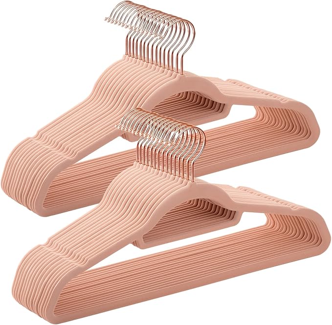 SONGMICS Velvet Hangers, Set of 30 Clothes Hanger with Rose Gold Swivel Hook, Non-Slip, and Space-Saving, 0.2-Inch Thick, 17.1-Inch Long for Coat, Shirt, Dress, Pants, Tie, Coral Pink UCRF21PK30