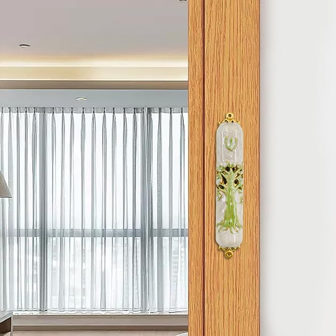 Mezuzah with Scroll for Door, Enamel&Zinc Alloy Blessing Mezuzah Case for Door, Colored Painted Mezuzha Scroll Kosher for Jewish Gifts/Jewish Decor, Christmas (Green)
