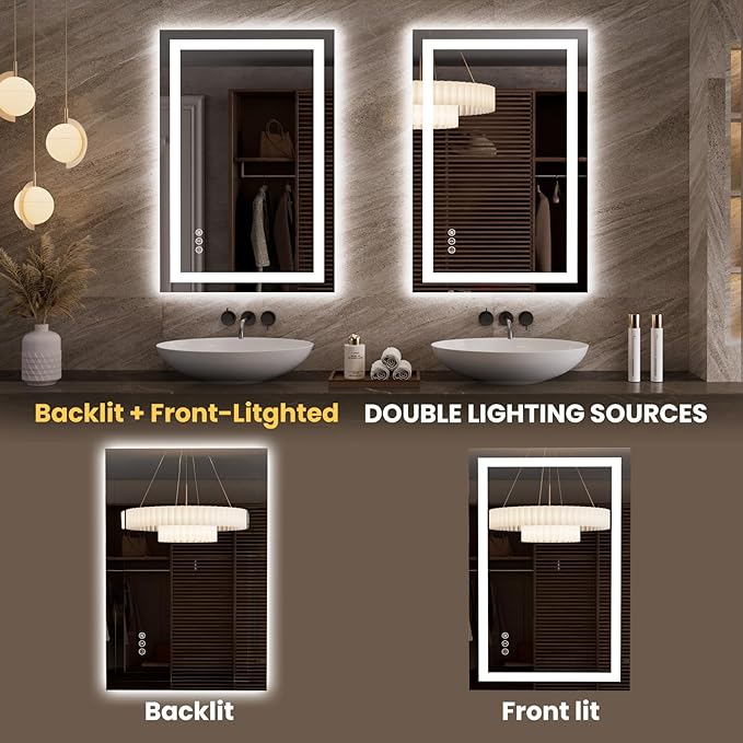 LOAAO 23.6"x35.4" LED Mirror for Bathroom, Lighted Bathroom Mirror with Lights, Anti-Fog, Dimmable, Memory Function, Clear Reflection