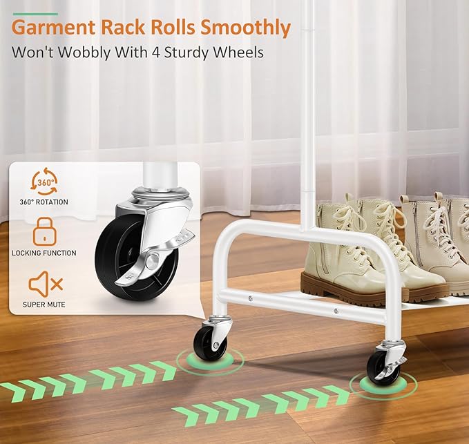 SLEEPING LAMB Double Rod Heavy Duty Clothes Racks for Hanging Clothes, Metal Rolling Garment Rack With Wheels Clothes Hanger Rack Wardrobe Racking for Coats, Shirts (White)