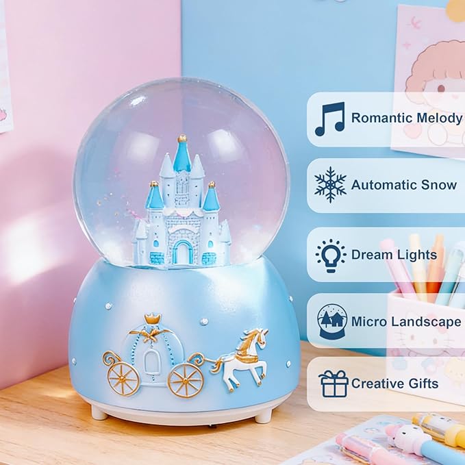 Blue Castle Snow Globes, Girls Music Snowglobes with LED 7 Colors Lights, Automatic Snow Fall Effect, Home Decor for Kids Room Essentials, Gifts for Birthday Christmas Valentines Mother's Day (Blue)