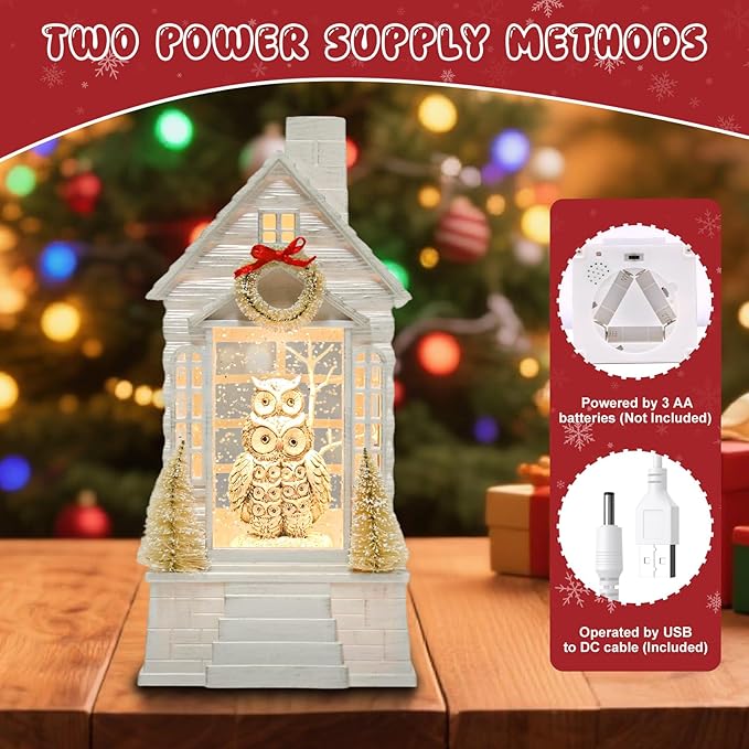 Owl Christmas Snow Globe Lantern with 8 Music Songs & 6H Timer Water Snow Globe Lantern USB & Battery Operated for Christmas Festival Decorations Gifts (Owl)