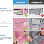 HomeHacks Storage 10-Pack Clothes Organizer Storage Bags Foldable Storage Box with Large Clear Window Sturdy Handles for Closet, Dorm, Pillows, Bedding, Clothes, Blankets, 35L, Pink