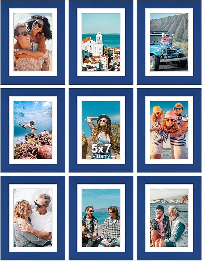 Vittanly 5x7 Picture Frames Set of 9, Shatter Resistant Plexiglass, Display 4x6 Pictures with Mat or 5x7 without Mat, Photo Frames for Wall or Tabletop, Engineered Wood, Blue
