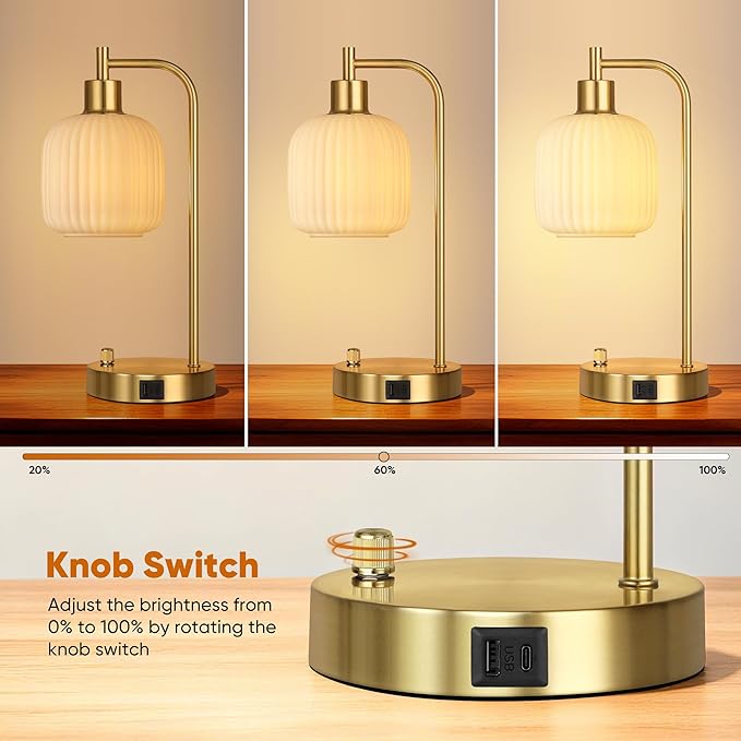 QiMH Industrial Table Lamp for Bedroom Set of 2, Cream Glass Beside Lamp with USB A&C Ports, Stepless Dimmable Gold Lamps, Nightstand Lamps for Living Room, Office, Home Decor(Bulb Included)